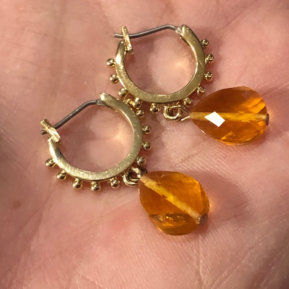 3/$40 VTG Studded Gold Dainty Small Hoop Pierced Earrings w/Yellow Bead Dangles - Picture 5 of 12